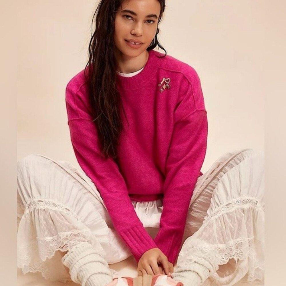 Free People Phoebe Pullover Sweater Fuchsia Flame Hot Pink Oversized Size M